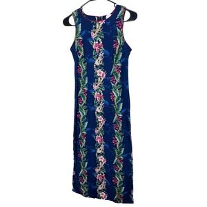 Vintage TJ Hawaii Maxi Dress‎ Womens XS Tropical Floral Print Sleeveless Blue
